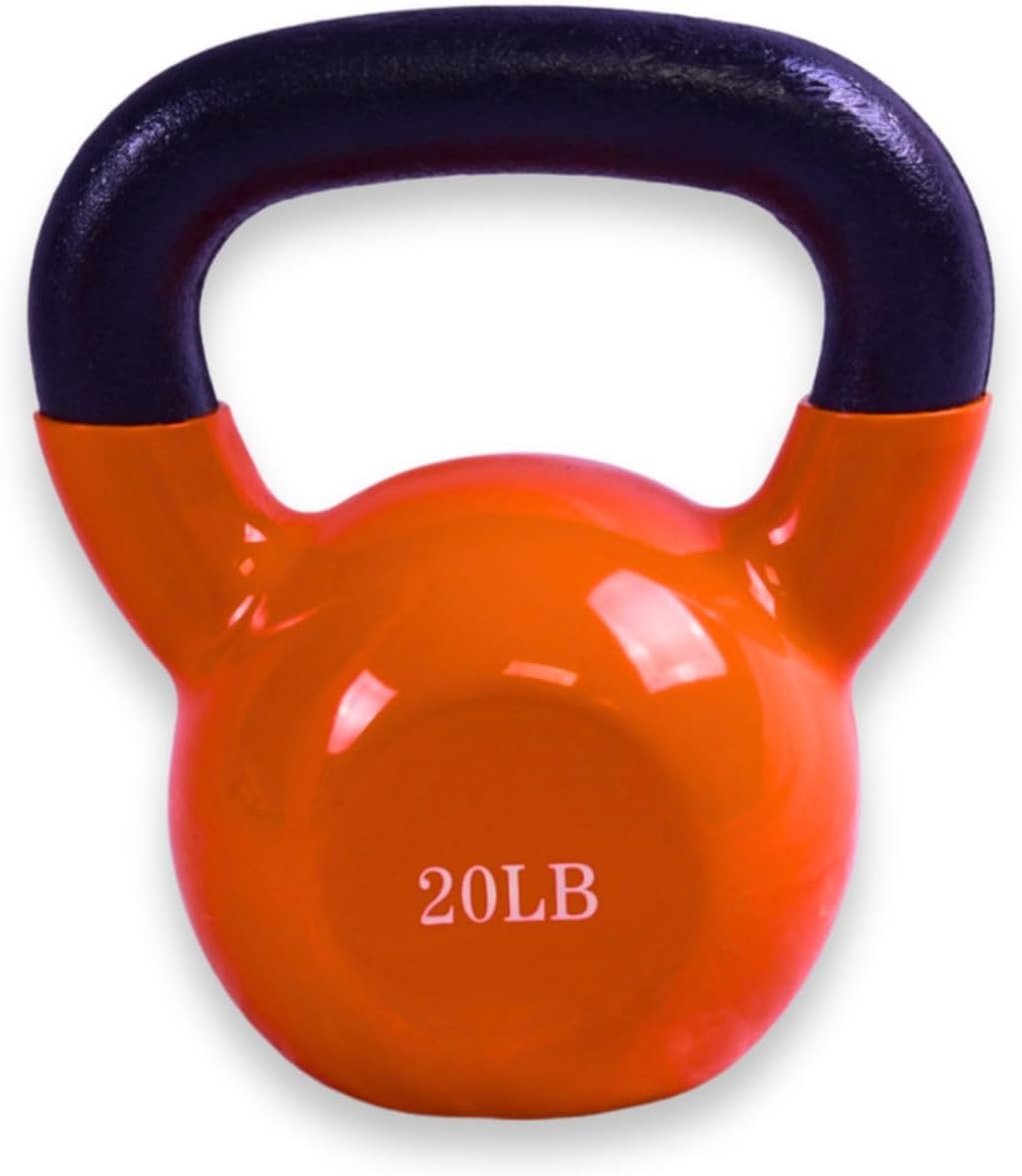 BESEA Orange Vinyl Coated Kettlebell 20~45LBS, Wide Grip Handle, Stable Flat Base, Strength Training, Durable kettle bells