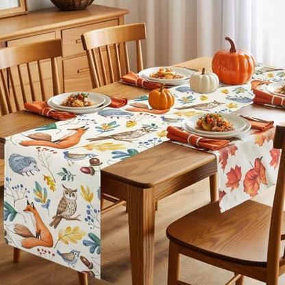 Fall Table Runner Autumn Animal Table Runners Harvest Thanksgiving Owl Bird Fox Leaves Cotton Linen Dresser Scarf Kitchen Dining Table Decor for Autumn Holiday Party Coffee 13x48 Inch
