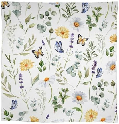 Watercolor Wildflowers Tablecloth, Summer Daisy Lavender Eucalyptus Branches Leaves Print Table Cover for Tea Party Weddings Indoor Outdoor Dining 60x110in