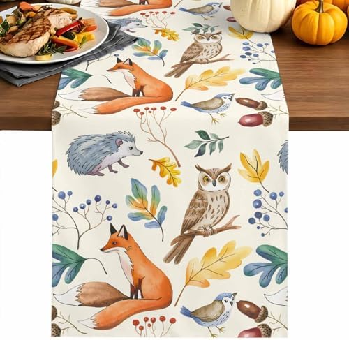 Fall Table Runner Autumn Animal Table Runners Harvest Thanksgiving Owl Bird Fox Leaves Cotton Linen Dresser Scarf Kitchen Dining Table Decor for Autumn Holiday Party Coffee 13x70 Inch