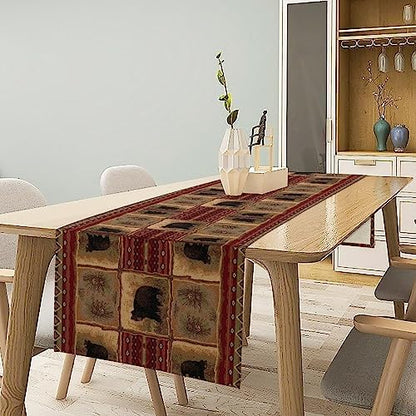 Rustic Bear Table Runner, Retro Vintage Bear Country Cabin Cottage Pine Tree Dinner Table Decoration for Home Kitchen Dining 13"x70"