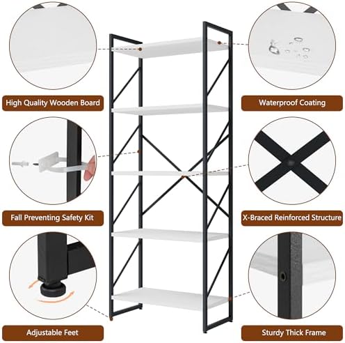Shintenchi 2-Tier Bookshelf: Tall Industrial Bookcase for Living Room/Home/Office, Modern Book Holder with Storage Rack Shelves - White