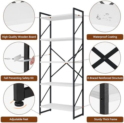 Shintenchi 2-Tier Bookshelf: Tall Industrial Bookcase for Living Room/Home/Office, Modern Book Holder with Storage Rack Shelves - White