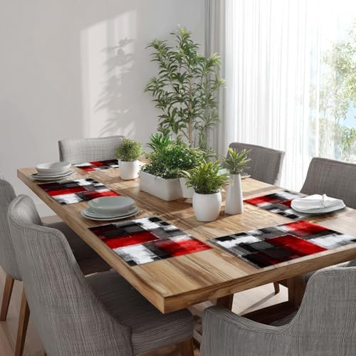 Batmerry Abstract Art Colorful Painting Linen Placemats Set of 6, Modern Art Black and Red Washable Table Mats for Kitchen Table Thickened Heat Insulation Dining Set Indoor Outdoor 12X18 in