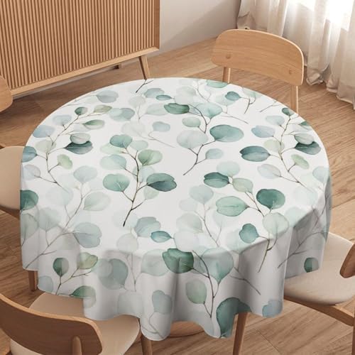 Eucalyptus Leaf Tablecloth, Spring Botanical Sage Green Watercolor Floral Plant Branches Print Table Cloth for Home Kitchen Dining Outdoor Patio Wedding Decor, 70x70in