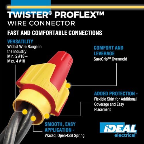 Ideal Electrical Twister Proflex (30-347) Red/Yellow Wire Connector, Bag of 250 — Smooth Twist-On Wire Nuts for 22 to 8 AWG with Comfort SureGrip and Flexible Skirt