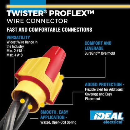 Ideal Electrical Twister Proflex (30-347) Red/Yellow Wire Connector, Bag of 250 — Smooth Twist-On Wire Nuts for 22 to 8 AWG with Comfort SureGrip and Flexible Skirt