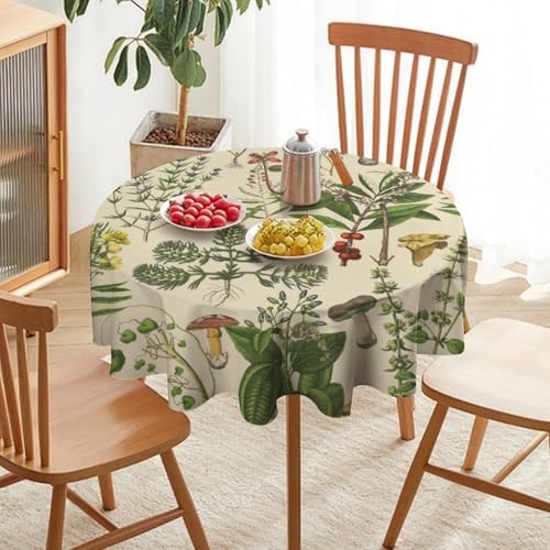Vintage Botanical Tablecloth, Antique 1900s Mushroom Boho Wildflower Green Herbs Ferns Farmhouse Table Cover for Party Picnic Dinner Decor, 60x60in