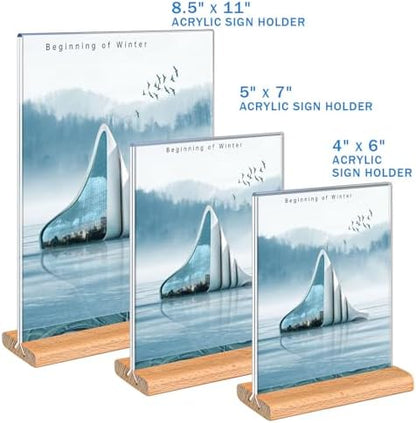 Kersally Acrylic Sign Holder 4 x 6, 4 Pack Double-Sided Clear Table Display Stands with Wood Base,Vertical Acrylic Frame Menu Flyer Paper Holder for Stores, Restaurants, Hotels, Office, Show Fair