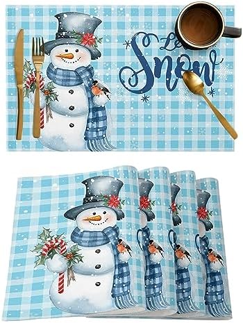 Snowman Christmas Placemats Set of 4, Let It Snow Winter Holiday Heat Resistant Washable Table Place Mats Blue White Buffalo Plaid Table Linens Party Holiday Decor for Kitchen Dining Outdoor Indoor