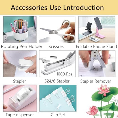 Office Supplies,Desk Accessories,Desk Organizer,Stapler,Tape Dispenser,Folding Phone Holder,Scissors,Notebook,Staple Remover,Staples,Clear Tape,Sticky Notes,Paper Clips,Bookmark,Pen,Pen pals Ect.27pcs