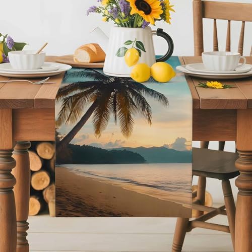 Sunset Beach Table Runner Dresser Scarf 13 x 72 Inch Tropical Coastal Ocean Palm Tree Nautical Table Runners Non-Slip Heat Resistant Kitchen Dining Table Decor for Home Holidays Indoor Outdoor