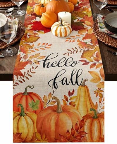 Fall Pumpkin Table Runner Dresser Scarf 13 x 60 Inch Harvest Orange Maple Leaves Table Runners Non-Slip Heat Resistant Kitchen Dining Table Decor for Autumn Thanksgiving Holidays Indoor Outdoor