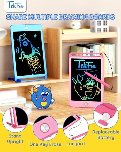 TEKFUN 2 Pack LCD Writing Tablet for Kids, 10 Inch Blue+Pink Doodle Board Drawing Board Reusable Drawing Tablet with Lanyard, Educational Kids Toddler Toys Birthday Gift for Boys Girls 3-12 Years Old