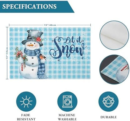 Snowman Christmas Placemats Set of 4, Let It Snow Winter Holiday Heat Resistant Washable Table Place Mats Blue White Buffalo Plaid Table Linens Party Holiday Decor for Kitchen Dining Outdoor Indoor