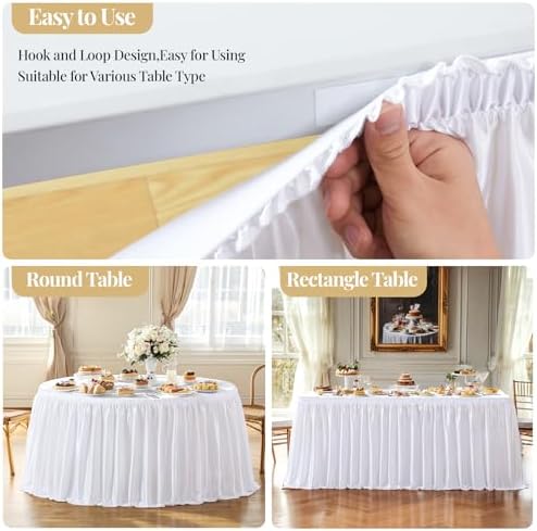 Wish Care 6ft White Satin Table Skirt for Rectangle Tables Wrinkle Free Teacher Desk Skirt Glitter Ruffle Table Skirting Cloth for Office Wedding Birthday Baby Shower Party Banquet Table Decorations