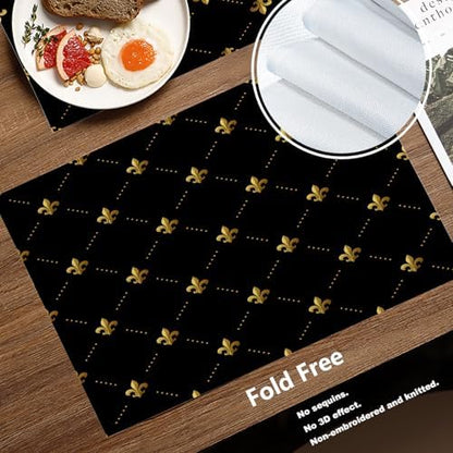 Batmerry Gold Black French Placemats, Flowers Golden Fleur De Lis Black Gold from Art Washable Linen Table Mats for Kitchen Table Double Insulation Decor Dining Set Indoor Outdoor 12X18 in Set of 6