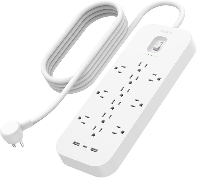 Belkin 12-Outlet Surge Protector Power Strip w/ 12 AC Outlets, 2 USB-A Ports and 1 USB-C Port, 6ft Cable, UL-listed w/ Overload & Overvoltage Protection + On/Off Switch - 3,480 Joules of Protection