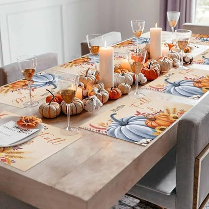 Fall Placemats Set of 4, Hello Fall Pumpkin Place Mats Maple Leaves Sunflower Bird Tablemats Harvest Thanksgiving Placemat Table Decoration for Kitchen Table Holiday Dinner Party Autumn Home Decor