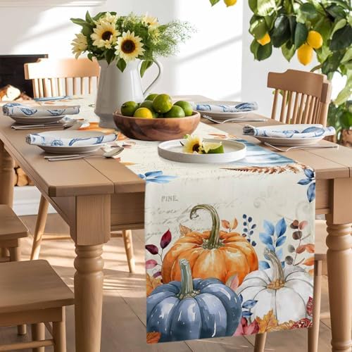 Fall Orange Blue Pumpkin Table Runner Dresser Scarf 13 x 72 Inch Eucalyptus Leaf Retro Thanksgiving Table Runners Non-Slip Heat Resistant Kitchen Dining Table Decor for Autumn Holidays Indoor Outdoor