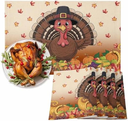 Vandarllin Thanksgiving Turkey Placemats Set of 4, Fall Leaf Autumn Harvest Pumpkin Cotton Linen Stain Resistant Table Mats Washable Placemat Decoration for Kitchen Dining Table,Yellow