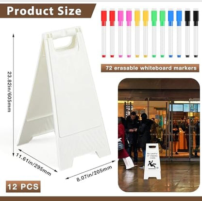 12 Pack a Frame Sandwich Board Sign with Dry Erase Surface, 24 x 12 Inch Double Sided Sidewalk Sign Chalkboard Easel Heavy Duty Plastic Dry Erase Poster Board for Outdoor Restaurant Cafe Menu (White)