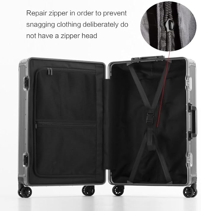 Metal all aluminum carry-on suitcase 20 "hard face, TSA lock and rotating wheel zippered luggage set (black, 2Piece(20/28))