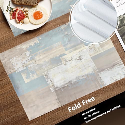 Batmerry Taupe Squares Texture Placemats,Grey and Beige Abstract Painting Washable Linen Table Mats for Kitchen Table Double Insulation Decor Dining Set Indoor Outdoor 12X18 in Set of 4