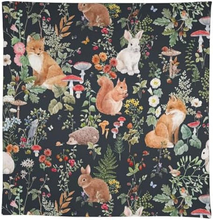 Watercolor Forest Tablecloth, Rustic Woodland Animals Squirrel Rabbit Fox Wild Flower Mushroom Leaves Print Table Cloth Cover for Kitchen Dining Indoor Outdoor Decor 60x110in
