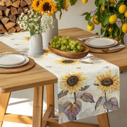 Farmhouse Sunflower Table Runner Dresser Scarf 13 x 120 Inch Vintage Yellow Flower Butterfly Botanical Table Runners Non-Slip Heat Resistant Kitchen Dining Table Decor for Home Holidays Indoor Outdoor