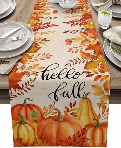 Fall Pumpkin Table Runner Dresser Scarf 18 x 72 Inch Harvest Orange Maple Leaves Table Runners Non-Slip Heat Resistant Kitchen Dining Table Decor for Autumn Thanksgiving Holidays Indoor Outdoor