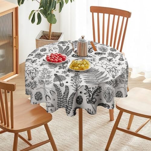 Vintage Mushroom Tablecloth, Black White Nature Forest Fern Leaves Autumn Plants Botanical Print Table Cover for Home Dining Decor Kitchen Party Outdoor, 70x70in