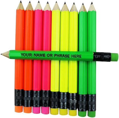 EZPENCILS & GIFTS - Golf Pencils Tipped with Eraser (1/2 a Pencil - Pew Pencils) - Neon Assorted Colored Barrel - FREE-PERSONALIZATION - 2HB Black Lead - Custom Text - Non-Smear Eraser – Package of 90