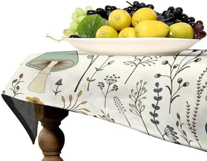 Mushroom Tablecloth, Boho Floral Rustic Wildflower Herbs Plants Colorful Botanical Green Leaves Print Table Cloth for Kitchen Dining Picnic Party Restaurant Decoration 55x75in