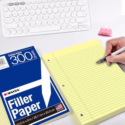 KAISA Loose Leaf Notebook Paper, College Ruled, 300 Sheets Per Lined Paper, 8" x 10.5", 3 Hole Punched for 3 Ring Binder, Canary, Made In USA