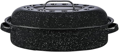 Granite Ware 15-Inch Covered Oval Roaster, 10 Lb Capacity - Enamel Steel Cookware, Dishwasher Safe & PFOA-Free, Even Heat Distribution for Roasting Poultry, Meat, or Vegetables (Speckled Black)