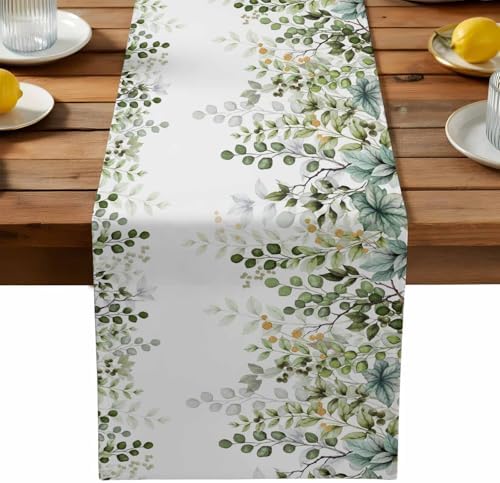 Green Eucalyptus Leaf Table Runner Dresser Scarf 13 x 108 Inch Farm Sage Green Orange Leaves Branch Table Runners Non-Slip Heat Kitchen Dining Tabletop Cover for Indoor Outdoor Home Party Decoration