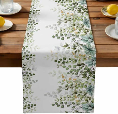 Green Eucalyptus Leaf Table Runner Dresser Scarf 13 x 108 Inch Farm Sage Green Orange Leaves Branch Table Runners Non-Slip Heat Kitchen Dining Tabletop Cover for Indoor Outdoor Home Party Decoration