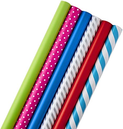 Hallmark All Occasion Wrapping Paper Bundle with Cut Lines on Reverse (Pack of 6; 180 sq. ft. ttl.) Solids, Polka Dots & Stripes for Birthdays, Easter, Mothers Day, Weddings, Baby Showers (5JXW1746)