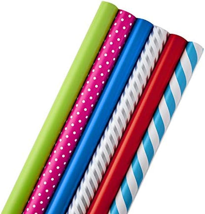 Hallmark All Occasion Wrapping Paper Bundle with Cut Lines on Reverse (Pack of 6; 180 sq. ft. ttl.) Solids, Polka Dots & Stripes for Birthdays, Easter, Mothers Day, Weddings, Baby Showers (5JXW1746)