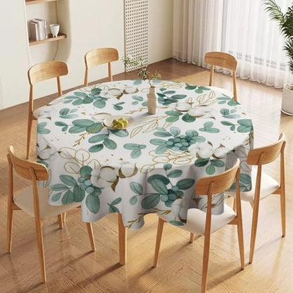 Cotton Flowers Tablecloth, Watercolor Summer Green Golden Eucalyptus Leaves Floral Print Table Cloth for Outdoor Picnic Home Dining Kitchen Table Decor, 70x70in