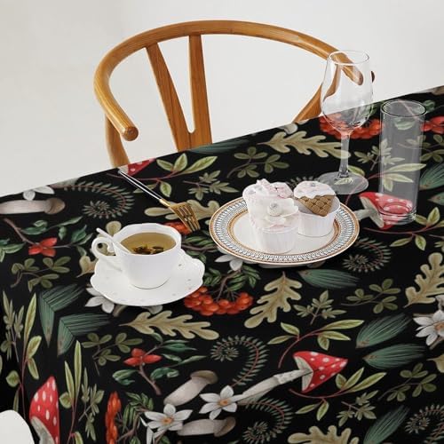 Autumn Mushroom Tablecloth, Rustic Vintage Farmhouse Mushrooms Fern Berries Leaves Botanical Print Table Cover for Outdoor Party Picnic Kitchen Dinning Table Decor 60x120in