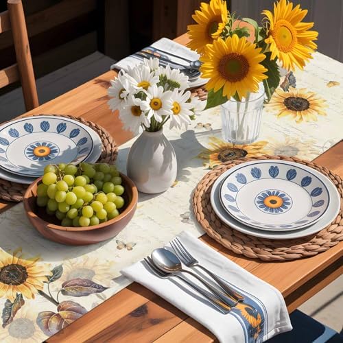Farmhouse Sunflower Table Runner Dresser Scarf 13 x 36 Inch Vintage Yellow Flower Butterfly Botanical Table Runners Non-Slip Heat Resistant Kitchen Dining Table Decor for Home Holidays Indoor Outdoor