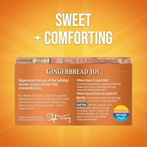 Twinings Gingerbread Joy Black Tea Individually Wrapped Bags, 20 Count (Pack of 1), Ginger & Cinnamon, Caffeinated, Enjoy Hot or Iced, 20 Teabags