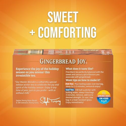 Twinings Gingerbread Joy Black Tea Individually Wrapped Bags, 20 Count (Pack of 1), Ginger & Cinnamon, Caffeinated, Enjoy Hot or Iced, 20 Teabags