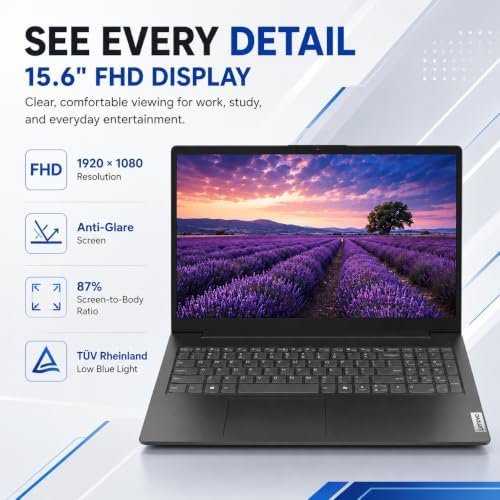 Lenovo 2026 V15 Slim Laptop | 15.6" Anti-Glare FHD Display | Intel Powerful Quad-Core Processor | 8GB DDR5 RAM | 512GB SSD | Wi-Fi 6 | RJ45 Ethernet | Long Battery Life | Win 11 Pro | MS 365 Web