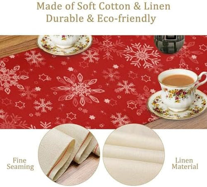 Red Snowflakes Christmas Table Runner, Seasonal Winter Holiday Kitchen Dining Table Decoration for Home Party Decor 13x70 Inch