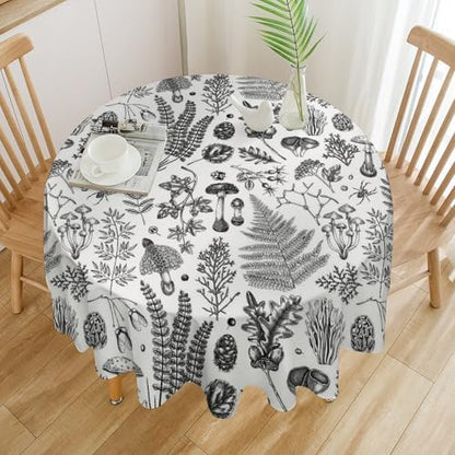 Vintage Mushroom Tablecloth, Black White Nature Forest Fern Leaves Autumn Plants Botanical Print Table Cover for Home Dining Decor Kitchen Party Outdoor, 70x70in