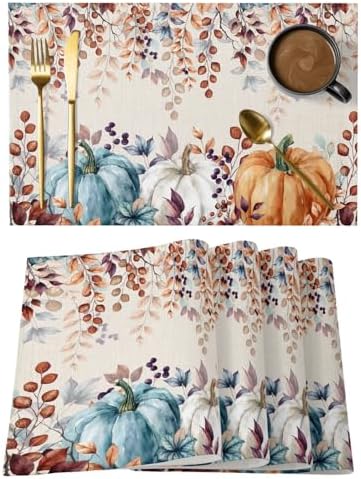Fall Thanksgiving Placemat, Watercolor Autumn Pumpkins Eucalyptus Leaves Heat Resistant Washable Linen Table Place Mats Party Holiday Decor for Home Kitchen Dining Outdoor Indoor,Blue Orange