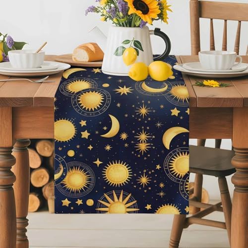 Fantasy Galaxy Table Runner Dresser Scarf 13 x 72 Inch Golden Planet Universe Sun Moon Stars Retro Table Runners Non-Slip Heat Resistant Kitchen Dining Table Decor for Home Holidays Indoor Outdoor